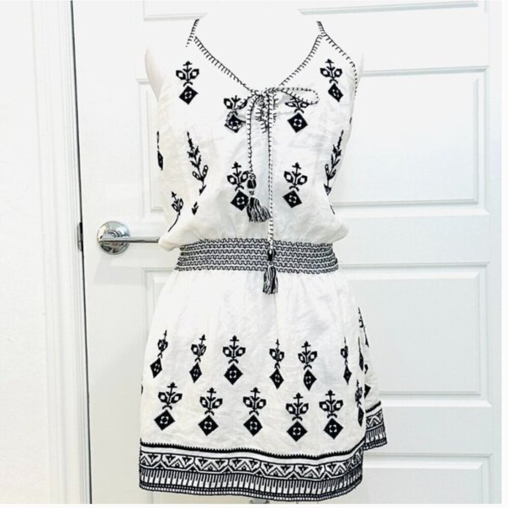 Calypso St. Barth White Mini Dress with Black Embroidery